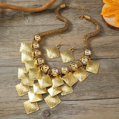 Textured Square & Bead Necklace Set