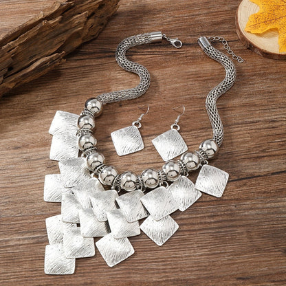 Textured Square & Bead Necklace Set