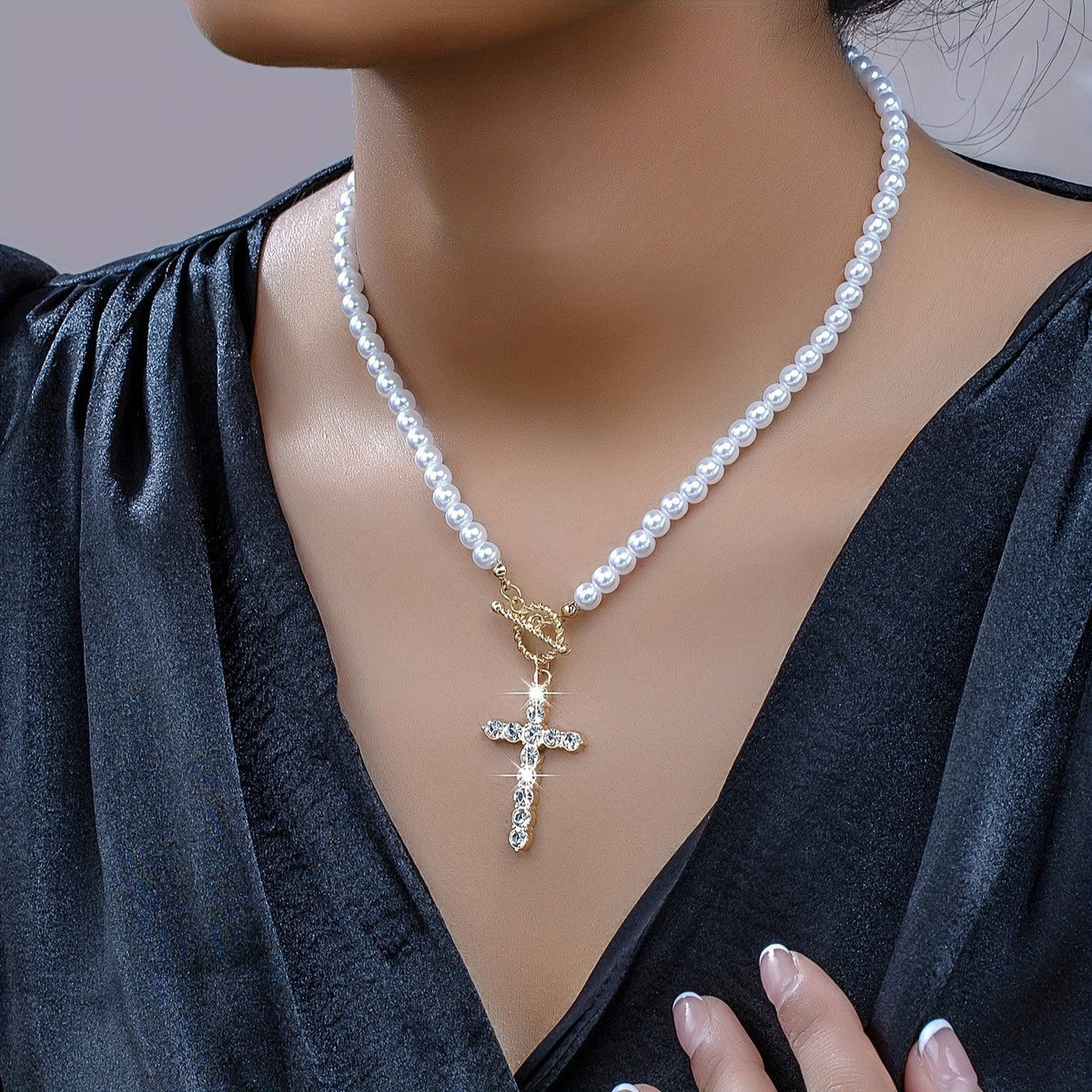 Crystal Cross Pearl Necklace