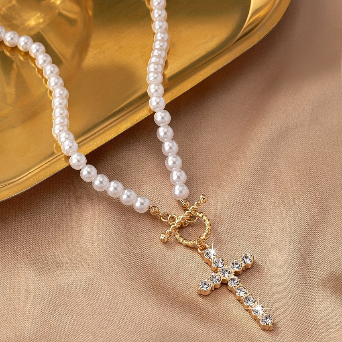 Crystal Cross Pearl Necklace