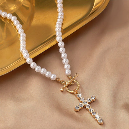 Crystal Cross Pearl Necklace