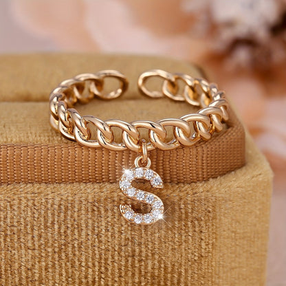 Crystal Initial Curb Chain Ring