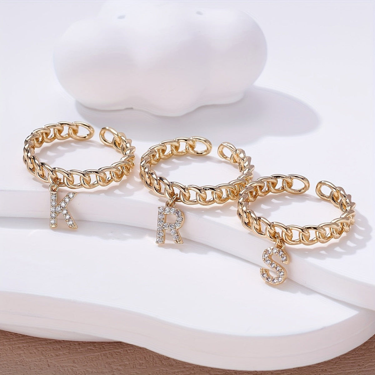 Crystal Initial Curb Chain Ring