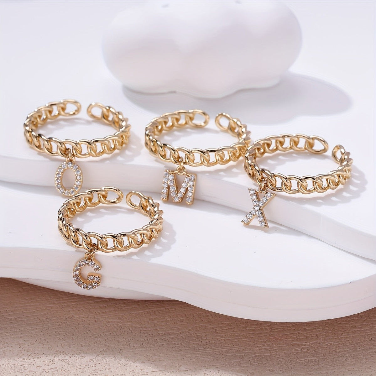 Crystal Initial Curb Chain Ring