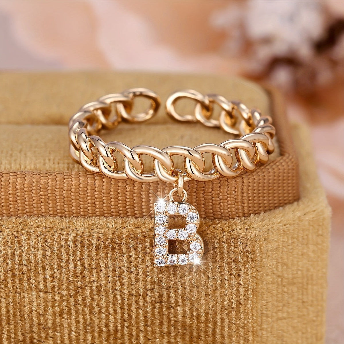 Crystal Initial Curb Chain Ring