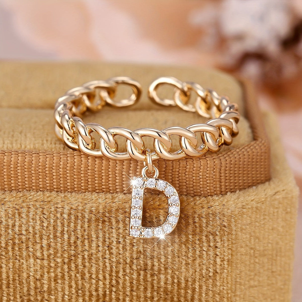 Crystal Initial Curb Chain Ring
