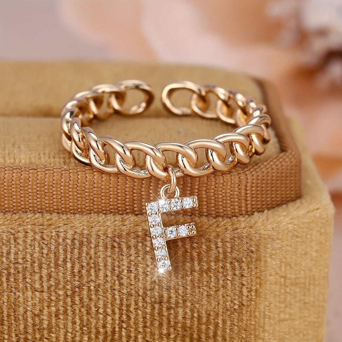 Crystal Initial Curb Chain Ring