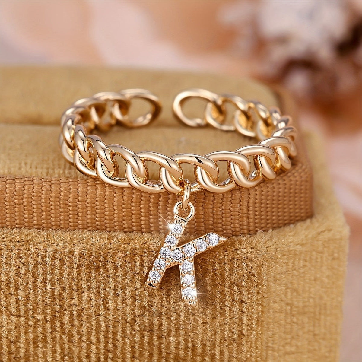 Crystal Initial Curb Chain Ring