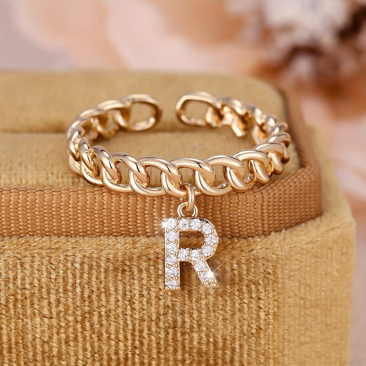 Crystal Initial Curb Chain Ring