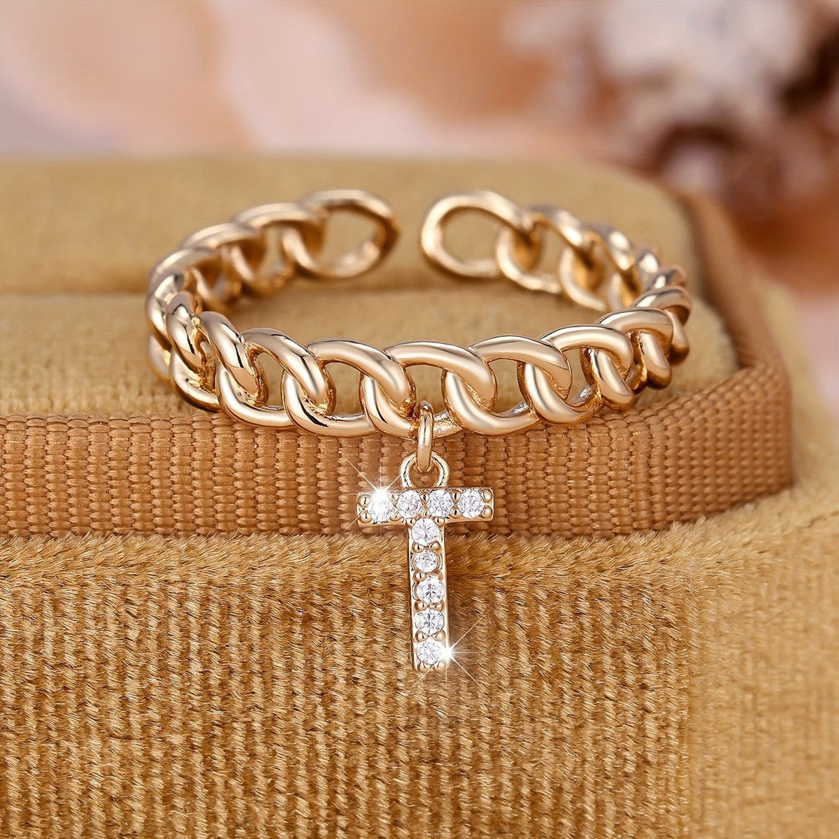 Crystal Initial Curb Chain Ring