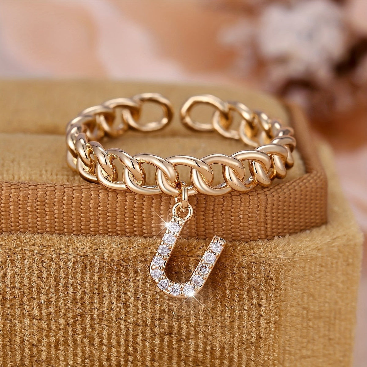 Crystal Initial Curb Chain Ring