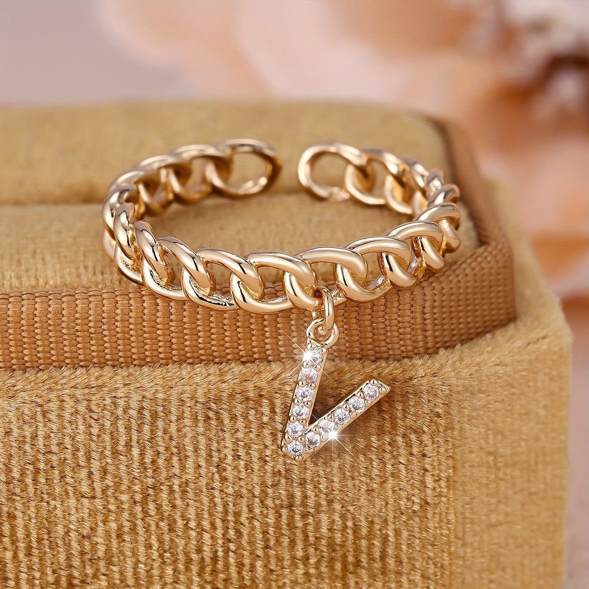 Crystal Initial Curb Chain Ring