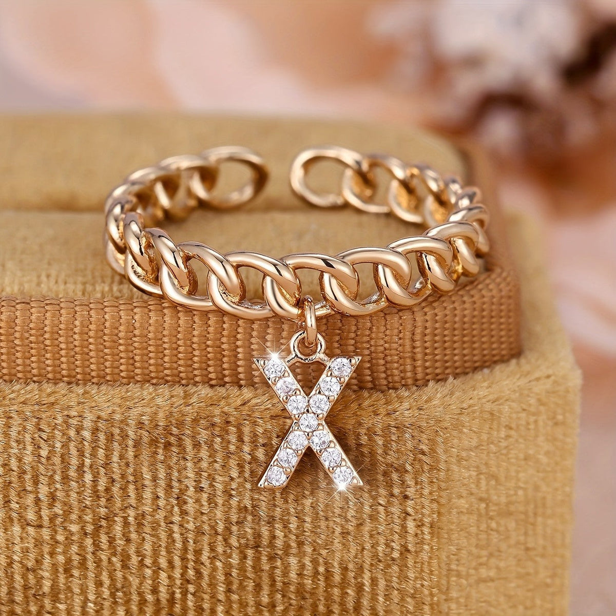 Crystal Initial Curb Chain Ring