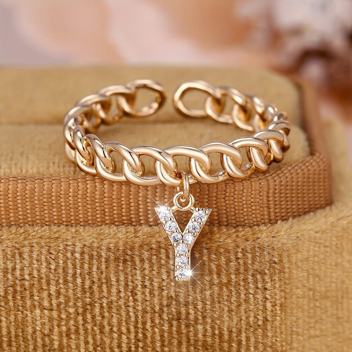 Crystal Initial Curb Chain Ring