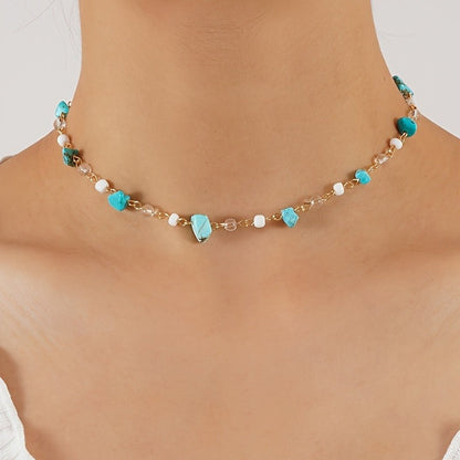 Turquoise & White Bead Link Necklace