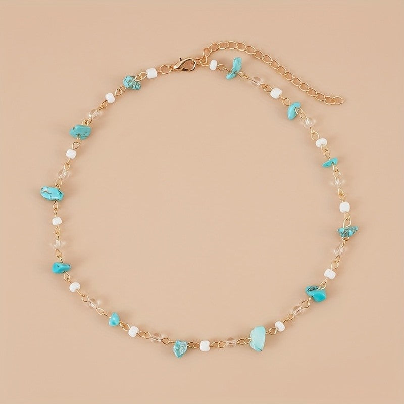 Turquoise & White Bead Link Necklace