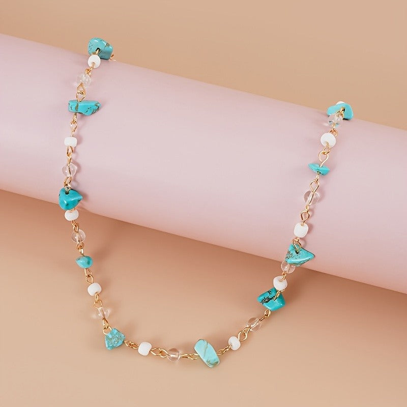 Turquoise & White Bead Link Necklace
