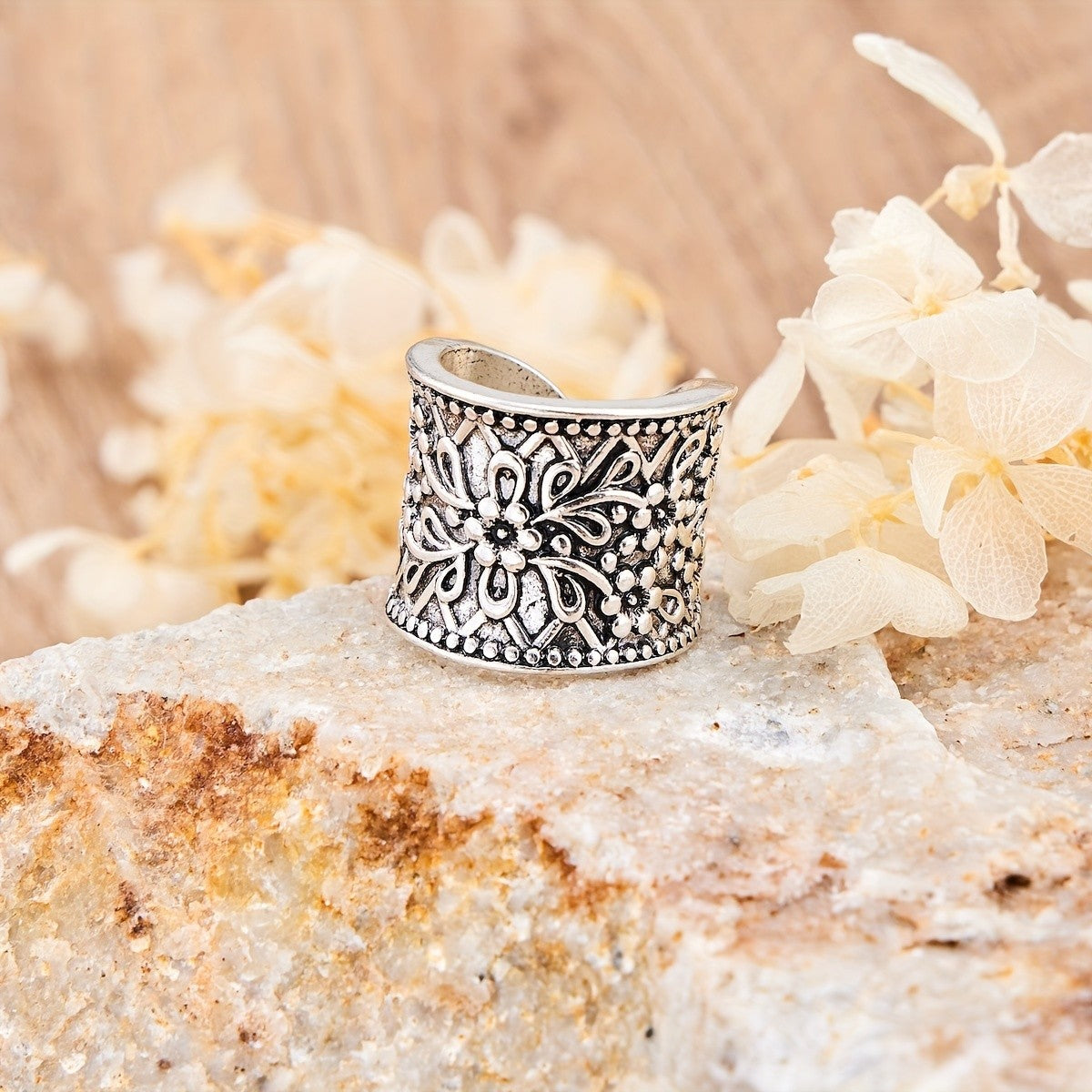 Vintage Floral Carved Wide Ring