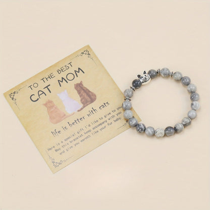 Cat Charm Stone Bead Bracelet