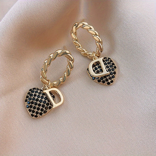 Black Zircon Initial Heart Earrings
