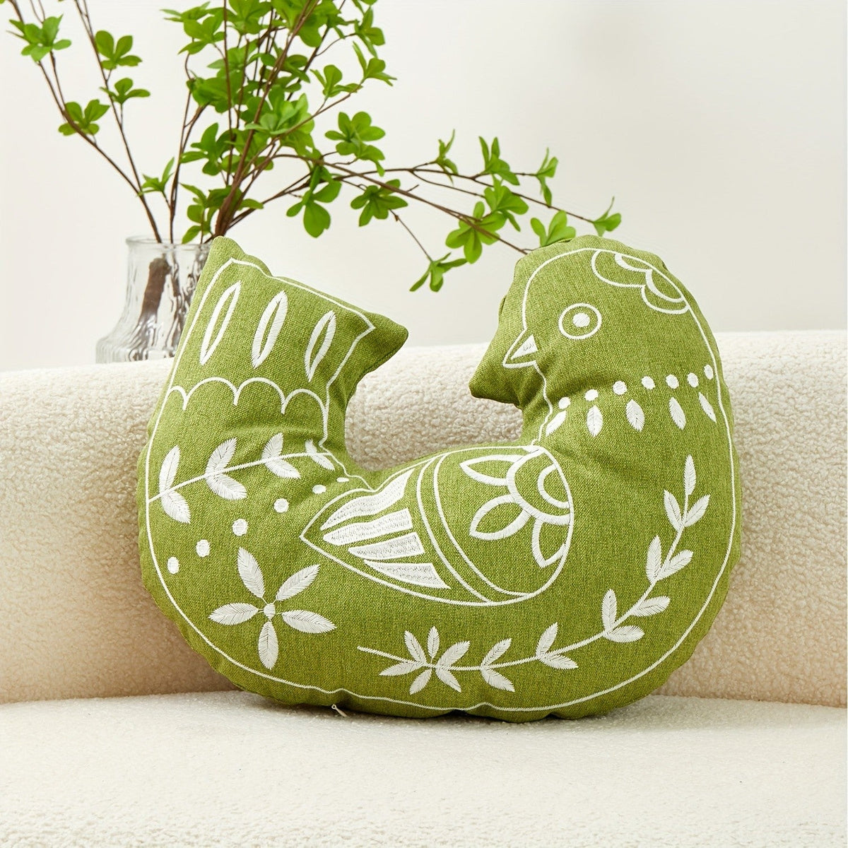 Teal Embroidered Bird Pillow