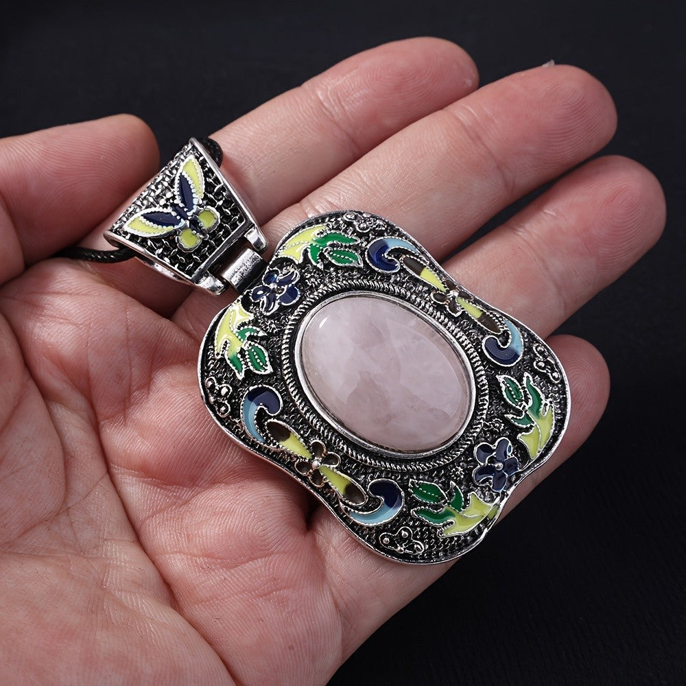 Enamel Butterfly Rose Quartz Pendant