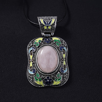 Enamel Butterfly Rose Quartz Pendant