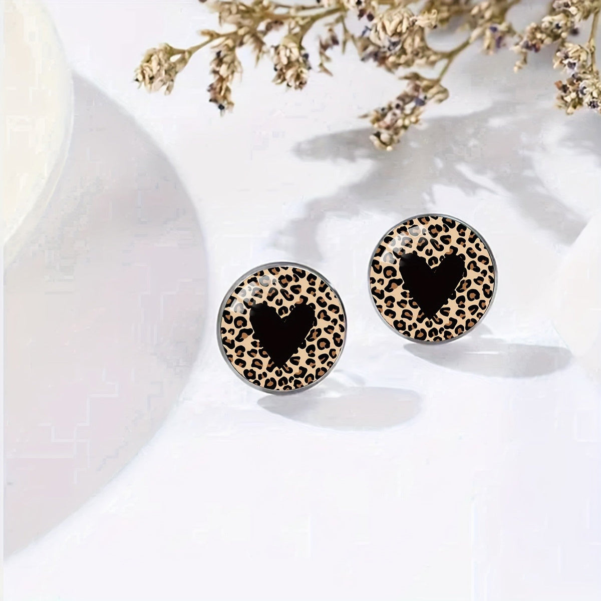 Leopard Print Round Heart Stud Earrings