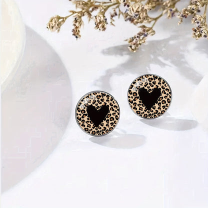 Leopard Print Round Heart Stud Earrings