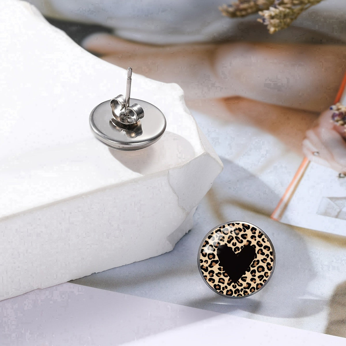 Leopard Print Round Heart Stud Earrings