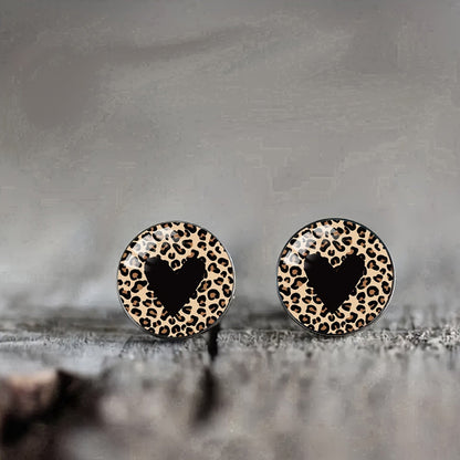 Leopard Print Round Heart Stud Earrings