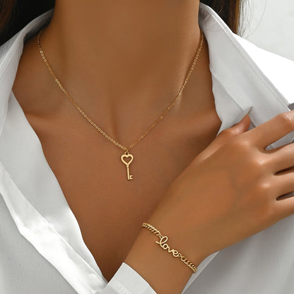 Heart Key Necklace & Love Bracelet Set