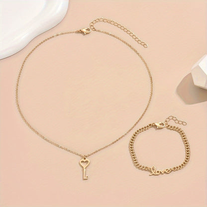 Heart Key Necklace & Love Bracelet Set