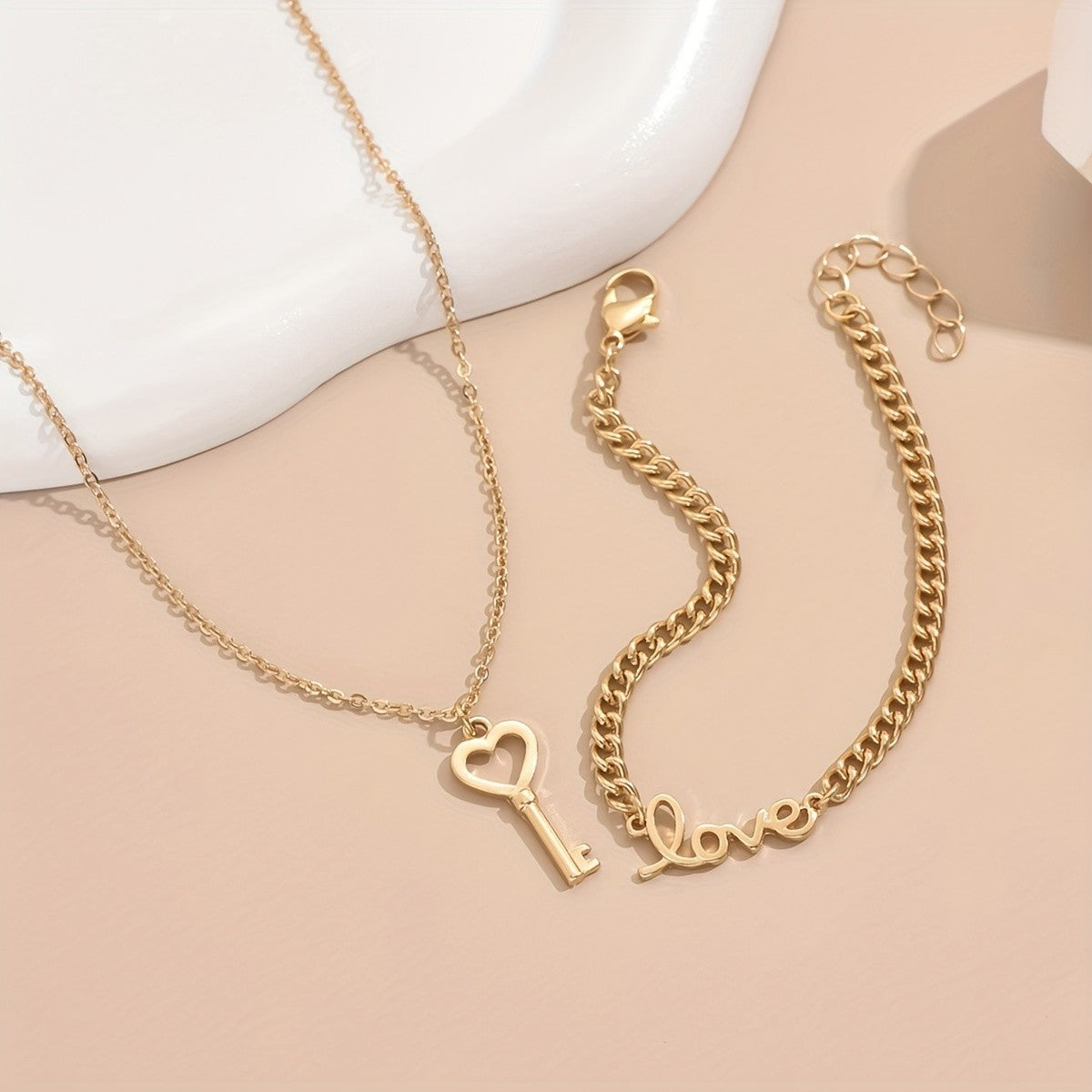 Heart Key Necklace & Love Bracelet Set