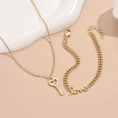 Heart Key Necklace & Love Bracelet Set