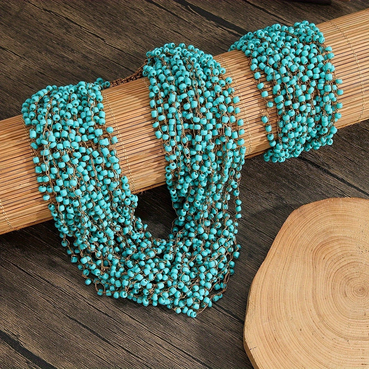 Turquoise Beaded Mesh Scarf Necklace