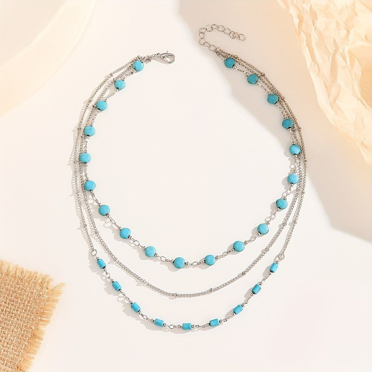 Turquoise Round & Cylinder Bead Layered Necklace