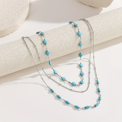 Turquoise Round & Cylinder Bead Layered Necklace