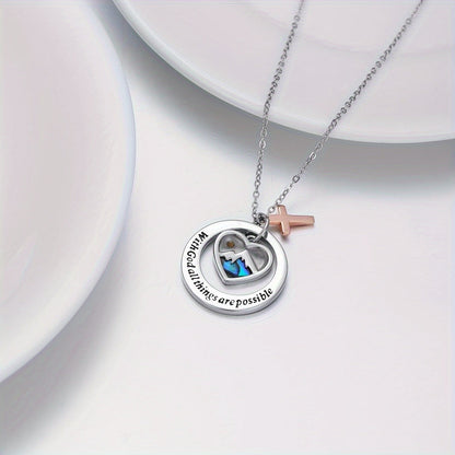 Inlaid Heart Cross Disc Necklace