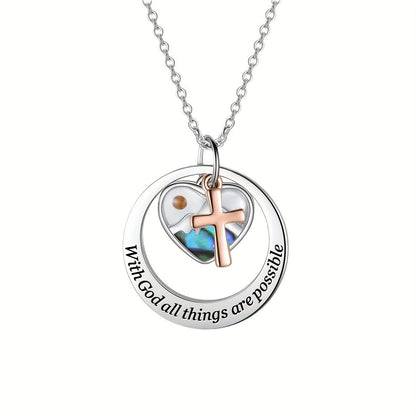 Inlaid Heart Cross Disc Necklace