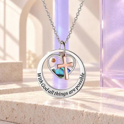 Inlaid Heart Cross Disc Necklace