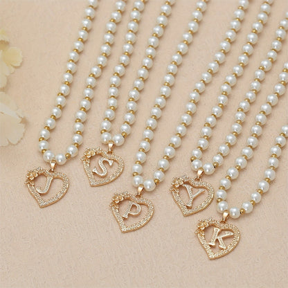Pearl Beaded Heart Initial Necklace