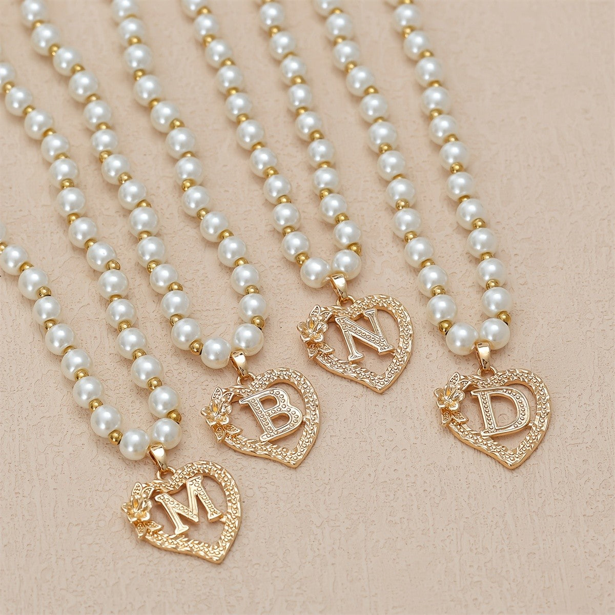 Pearl Beaded Heart Initial Necklace