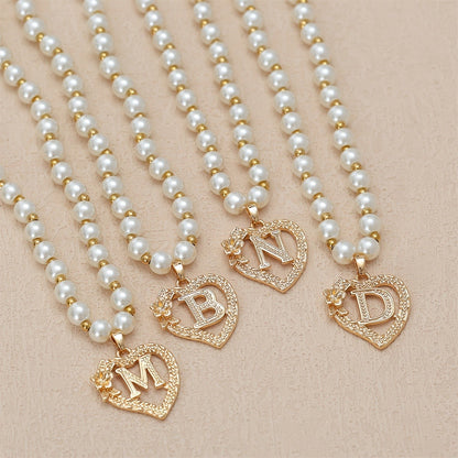 Pearl Beaded Heart Initial Necklace