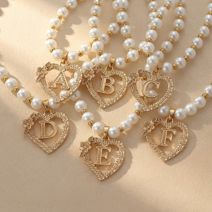 Pearl Beaded Heart Initial Necklace