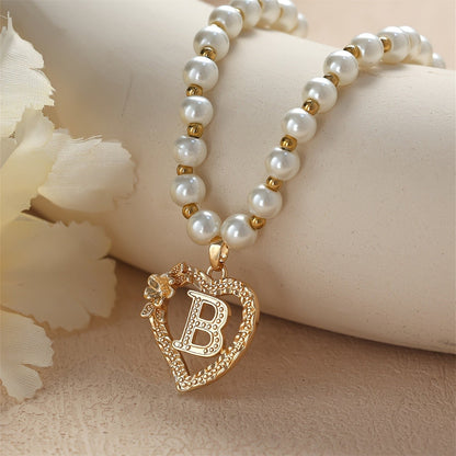 Pearl Beaded Heart Initial Necklace
