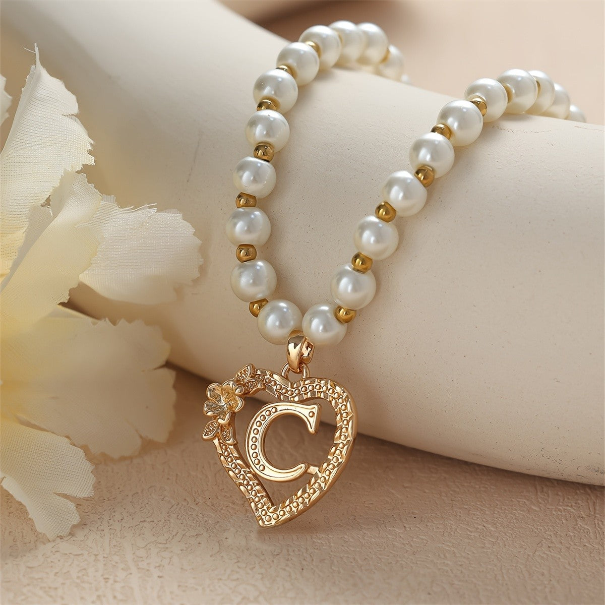 Pearl Beaded Heart Initial Necklace