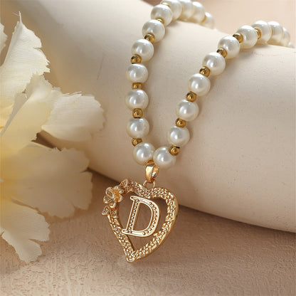 Pearl Beaded Heart Initial Necklace