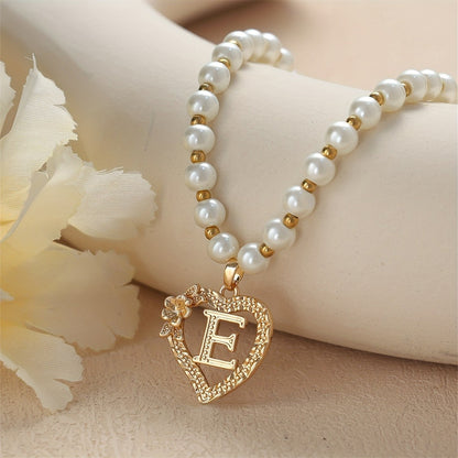 Pearl Beaded Heart Initial Necklace
