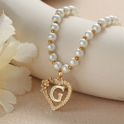 Pearl Beaded Heart Initial Necklace